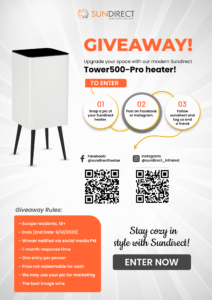 Sundirect Infrared Heater GIVEAWAY! Upgrade your space with our modern Sundirect Tower500-Pro heater!