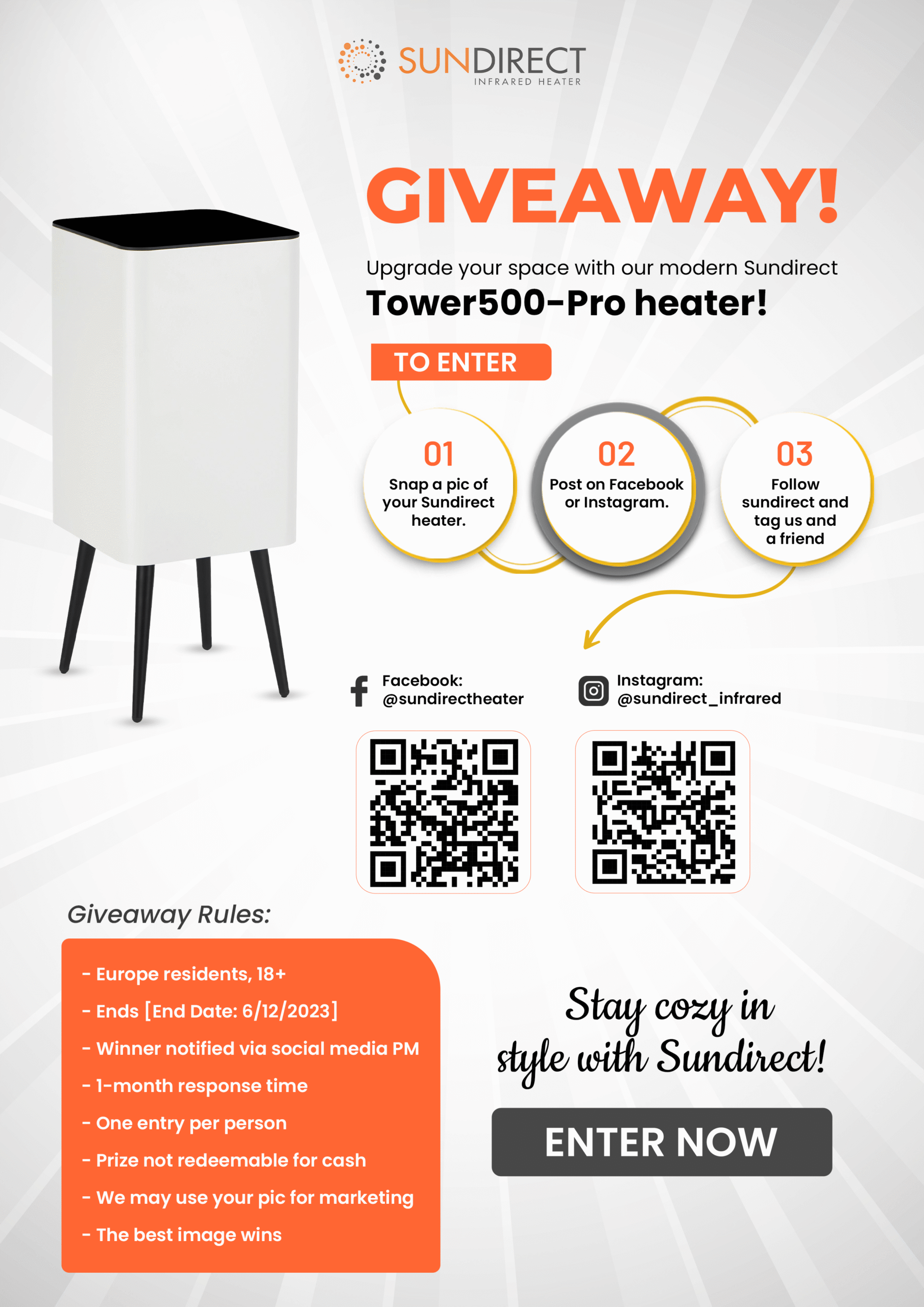 Sundirect Infrared Heater GIVEAWAY! Upgrade your space with our modern Sundirect Tower500-Pro heater!